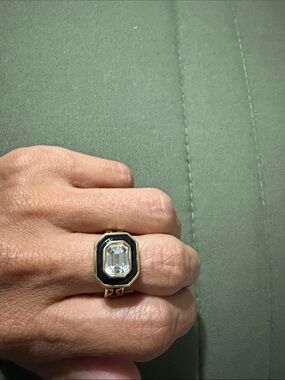 Coach Gold-tone Ring with Clear Emerald-Cut Stone and Black Enamel Trim